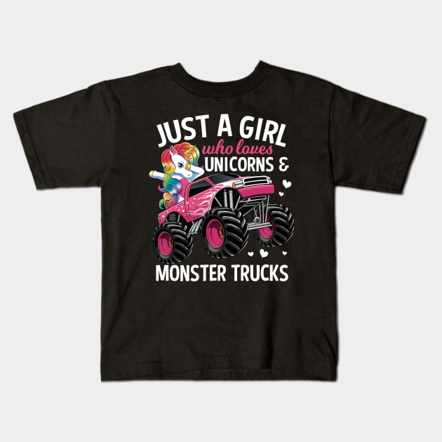 Just A Girl Who Loves Unicorns & Monster Trucks Gift Kids T-Shirt by HCMGift